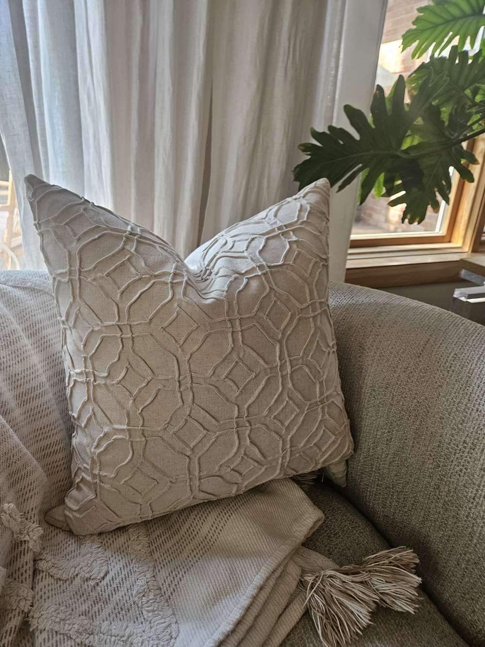 Crate&Barrel Theo Beige Textured Geometric Accent Pillow